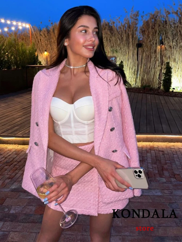 KONDALA Chic Pink Blazer Office Lady Fashion 2022 Plaid Oversized Long Jackets Women Long Sleeve Double Button Pockets Tops