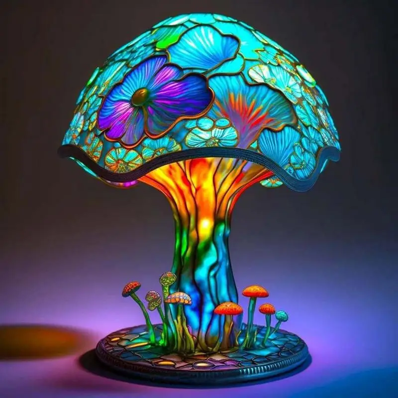 

Креативные настольные лампы серии цветных растений из витражного стекла для спальни, прикроватная лампа в стиле ретро с цветами и грибами, Настольная ночника, освещение