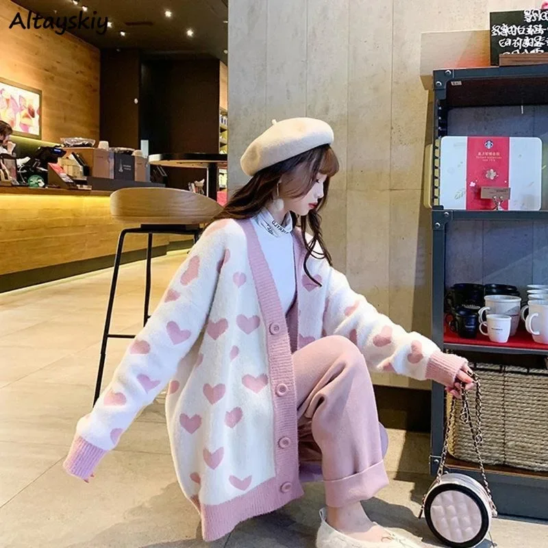 Кардиганы женские с розовым сердечком и v-образным вырезом свободные