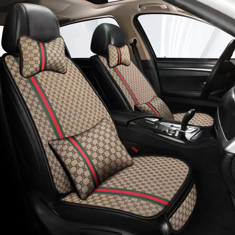 

2022 Luxury Car Seat Cover Full Set Linen Car Headrest Pillow Auto Steering Wheel Cover Cushion Car Seat Covers Set Universal