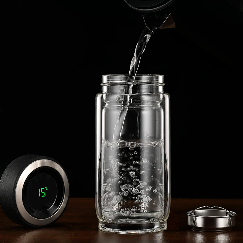 Двойная бутылка для воды KAXIFEI 350 мл автомобильная стеклянная с защитой от ожогов