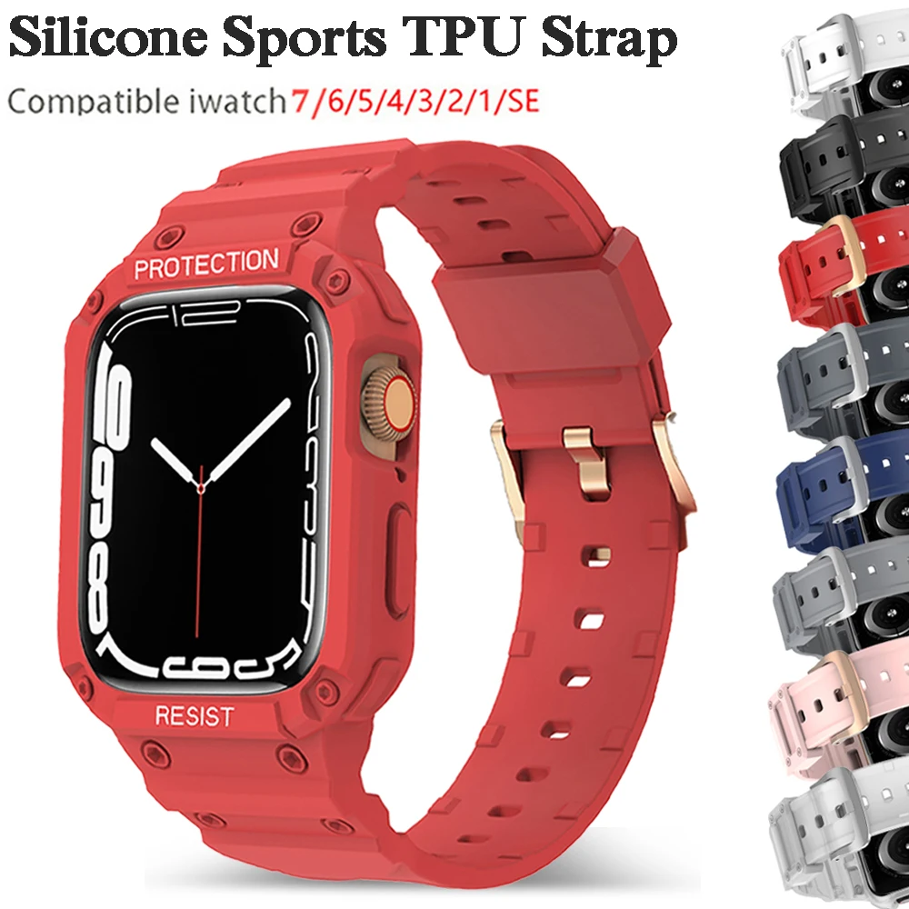 Силиконовый ремешок для Apple Watch Band 7 45 мм iWatch 6 SE 5 4 3 2 41 42 защитный чехол-бампер из
