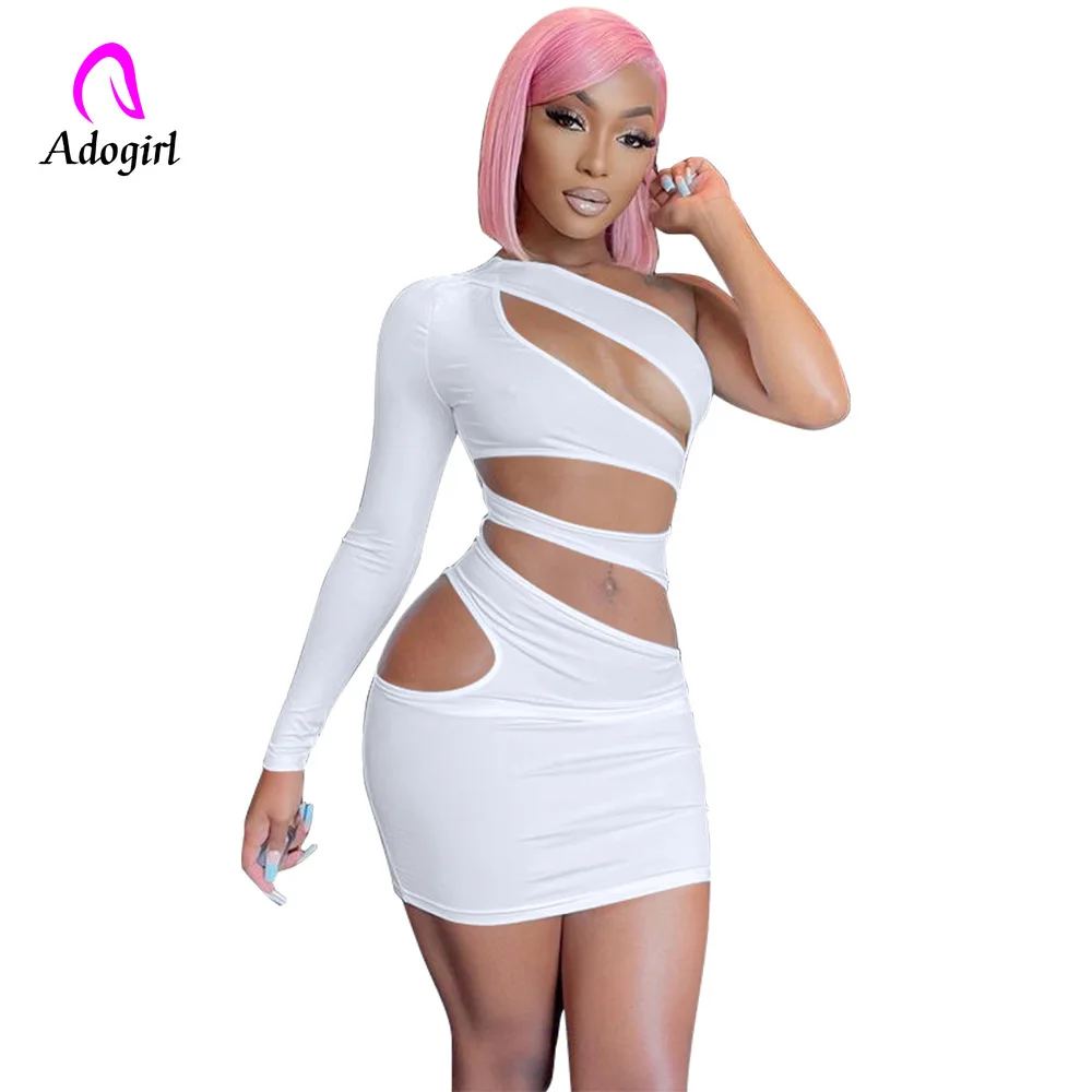 

One Shoulder Women Mini Dress Solid Bandage Skinny Evening Dresses 2022 Summer Outfits Sexy Hollow Out Night Club Party Vestidos