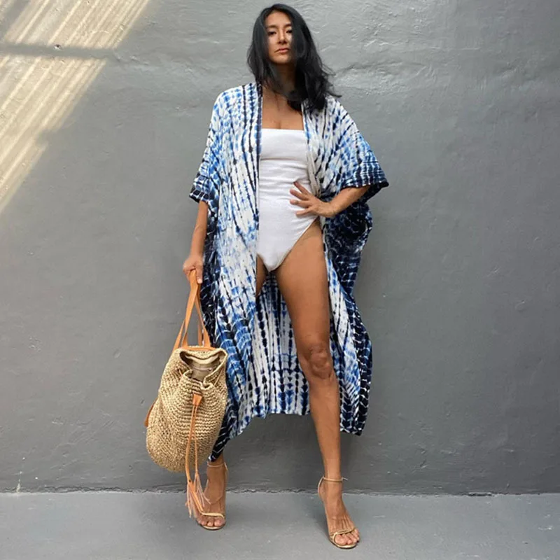 

SuperAen 2022 New Summer Cotton Watermark Printed Beach Blouse Sexy Cardigan Belt Sunscreen Bikini Blouse Dress Women