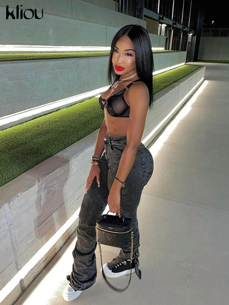 Kliou/женские хлопковые плиссированные джинсы с разрезом сбоку хипстерские