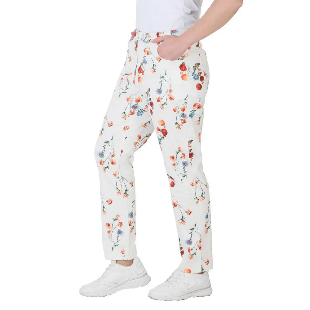 Fierte Women Plus Size Pants CcLidya Linen High Waist Straight Trotting Zipper Closure Button Flower Pattern White
