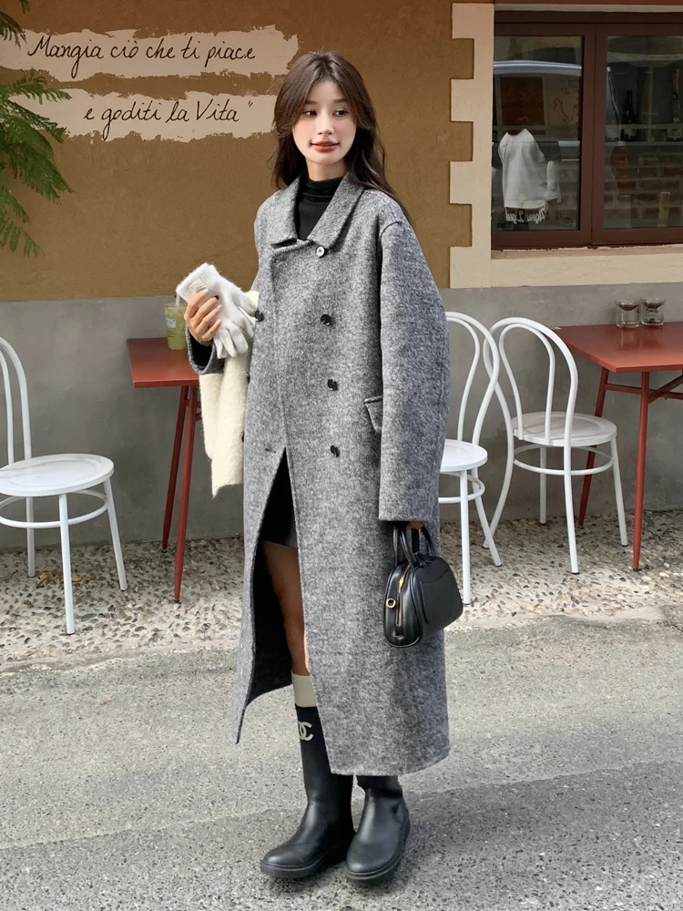 Высококачественное серое двустороннее кашемировое пальто женское средней длины