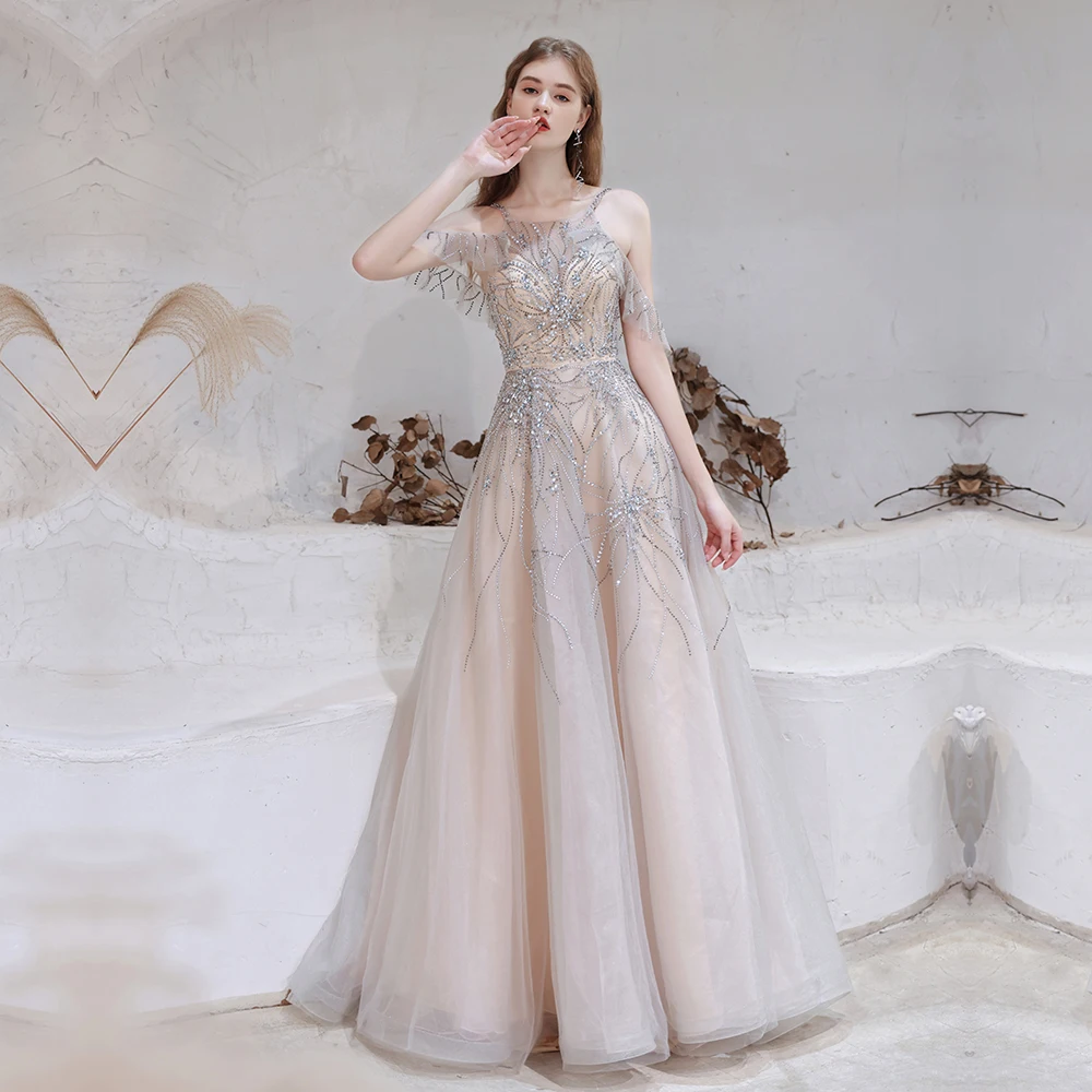 

Luxury Evening Dresses New Arrivals Dubai Beaded Beading Crystal A-Line Lacing Back Formal Gown Evening Party Dresses For Women