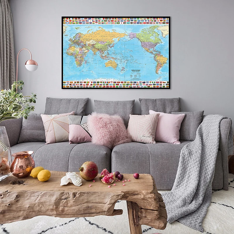 

Political Map of The World 84*59cm Wall Unframed Map with National Flag Art Poster Canvas Painting Living Room Home Decoration