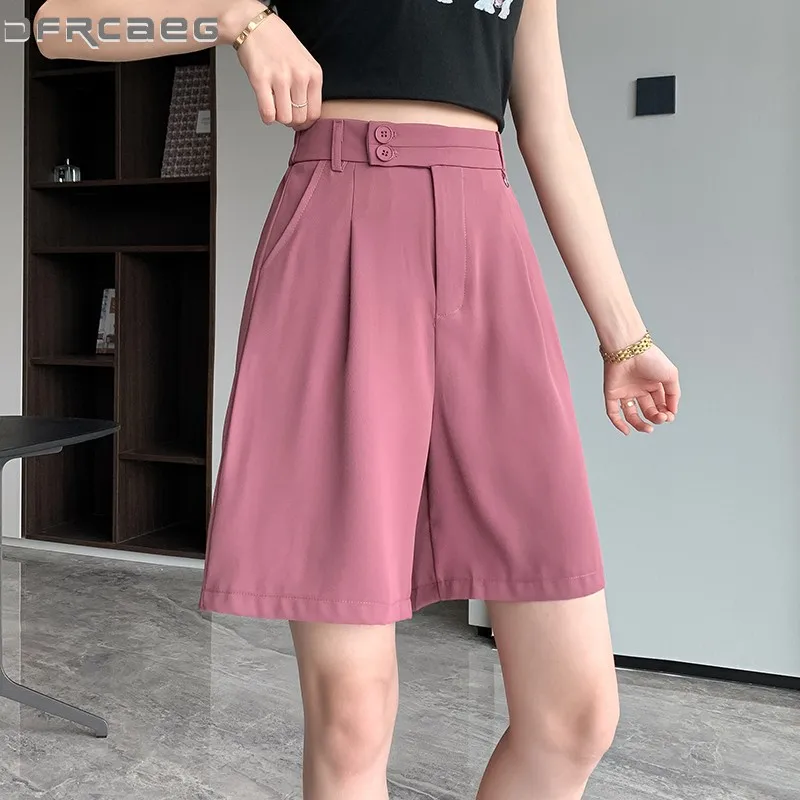 

Korean Fashion Ice Silk Women Wide Leg Shorts Summer 2023 High Waist Casual Bermuda Knee Length Ladies Short Pants Purple