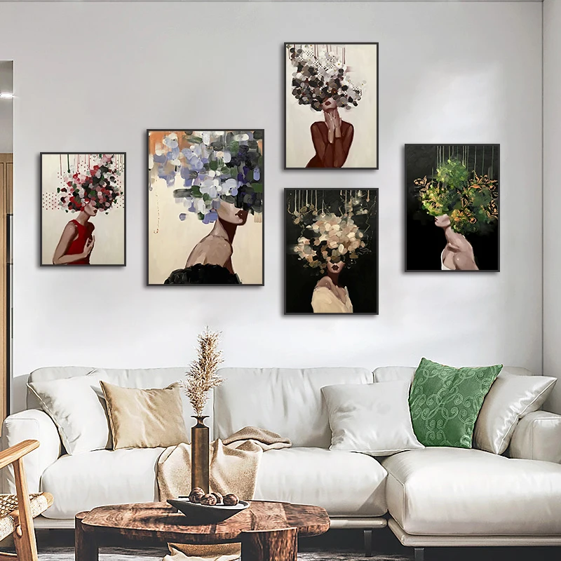 

Женские холщовые постеры с изображением головы цветов и деревьев, настенные художественные плакаты, картины для гостиной, Декор для дома
