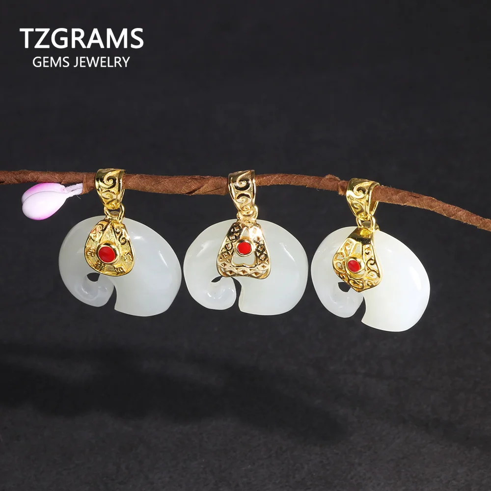 

Natural Stone White Jade Elephant Pendant Gold Plated Real Silver 925 Jewelry For Women Personalized Necklace Jewelry Making