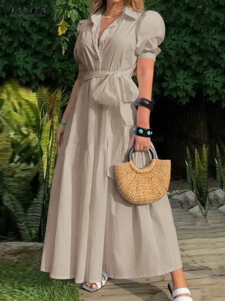 

ZANZEA Fashion Lapel Neck Sundress Elegant Women Summer Dress Short Sleeve Office OL Long Dress Female Shirt Vestido Causal Robe