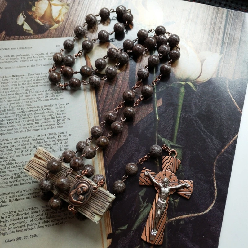 

Natural Alabaster Stone Rosary Necklace with Jesus Christ Crucifix Pendant