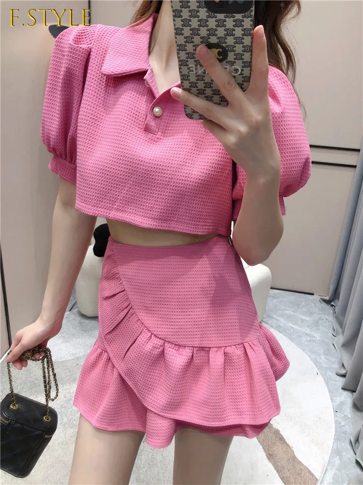 

F GIRLS Kawaii Age Reduction Suit Women Summer 2022 New Puff Sleeve Short Top + Ruffled High Waist A Line Skirt Two Piece Set