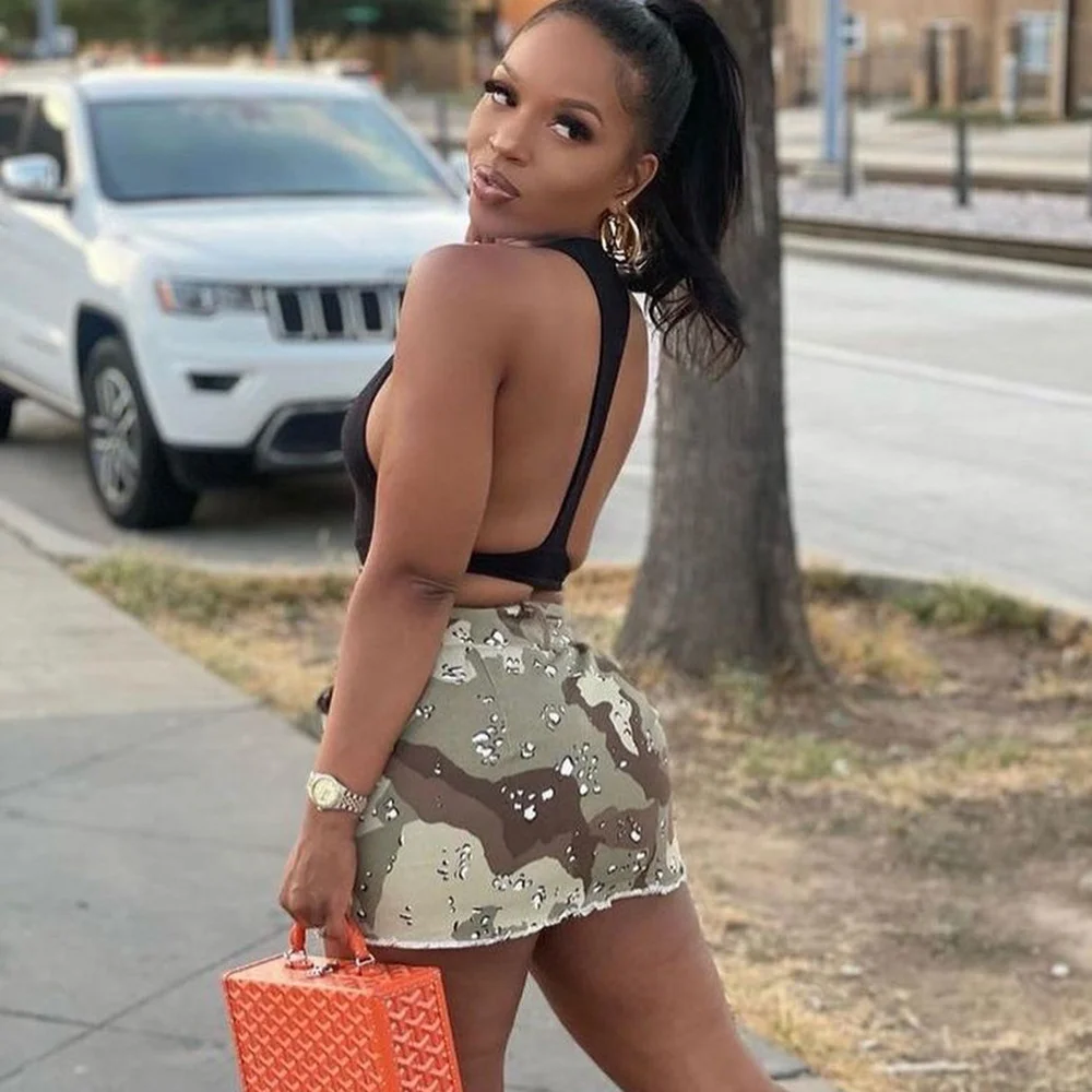 Women's 2023 spring/summer new fashion sexy camouflage pocket zipper personality half skirt