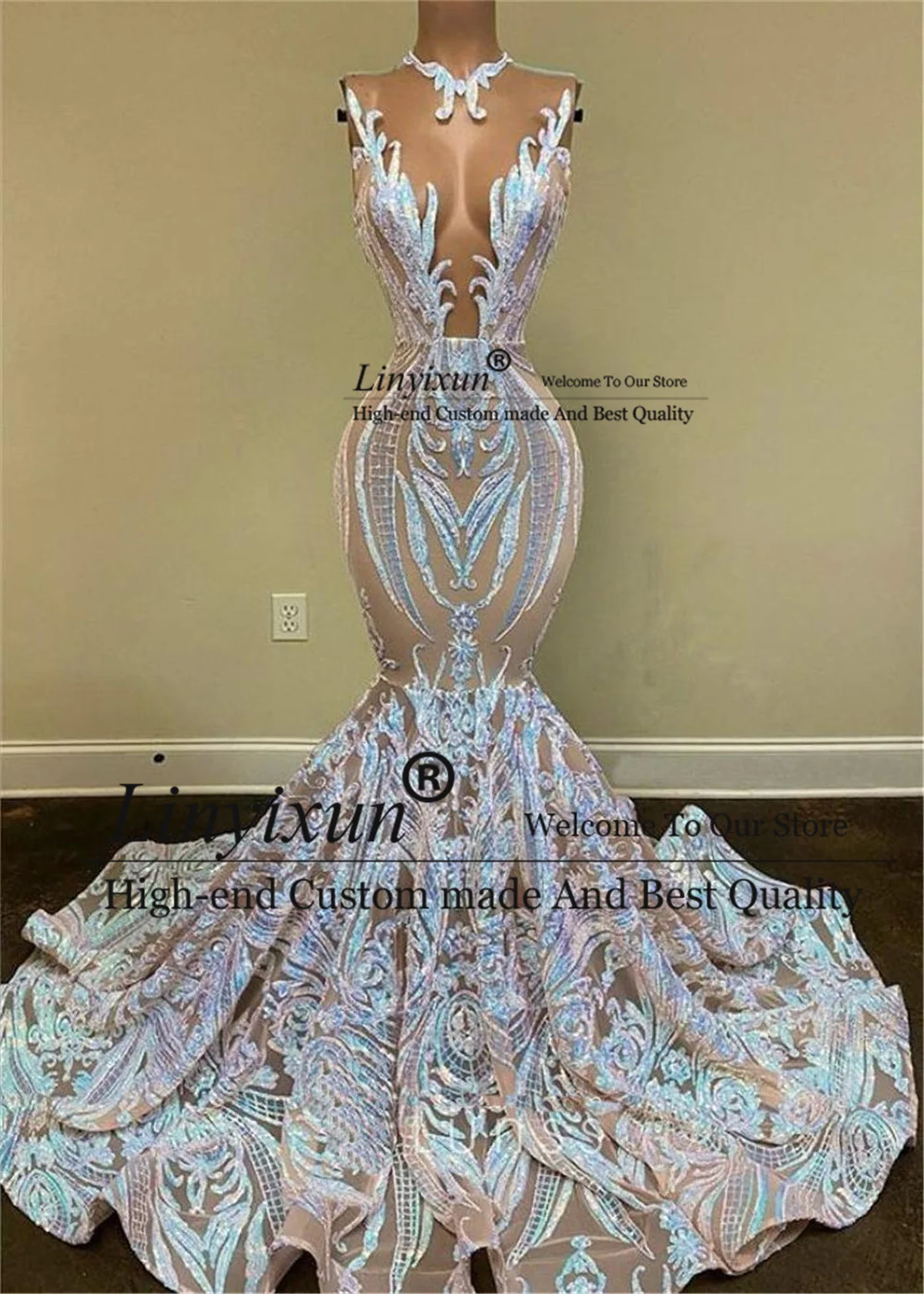 

Black Girls Sparkly Sequin Mermaid Prom Dresses 2022 Sexy Sheer O Neck Evening Party Gowns African Women Gala robes de soirée