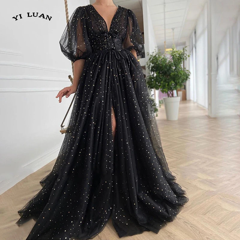 

Black Starry Tulle Prom Dresses Half Puff Sleeves Wedding Party Dresses Pleats Split Sweep Train Long Prom Gowns Belt