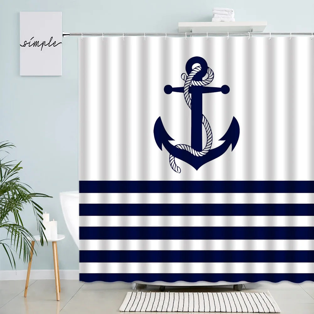 

Nautical Anchor Shower Curtains Creative Navy Blue Striped Bath Curtain Modern Polyester Fabric Bathroom Decor Sets With Hooks