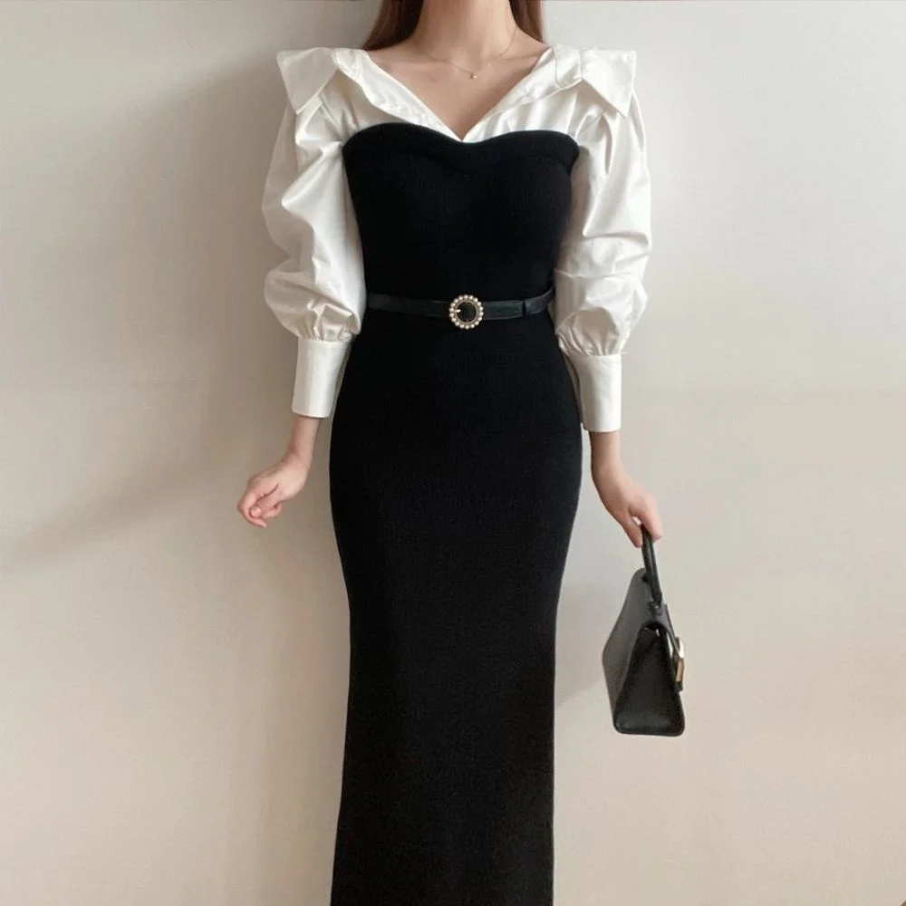 

Женское платье с рукавами-фонариками, облегающее Платье макси с контрастной строчкой в Корейском стиле, осень 2022