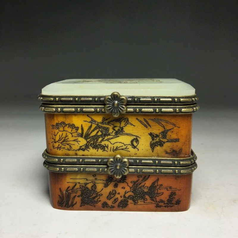 

Old Chinese ox Mosaic Jade Hand-Painted KIRIN Three Open Jewelry Boxes