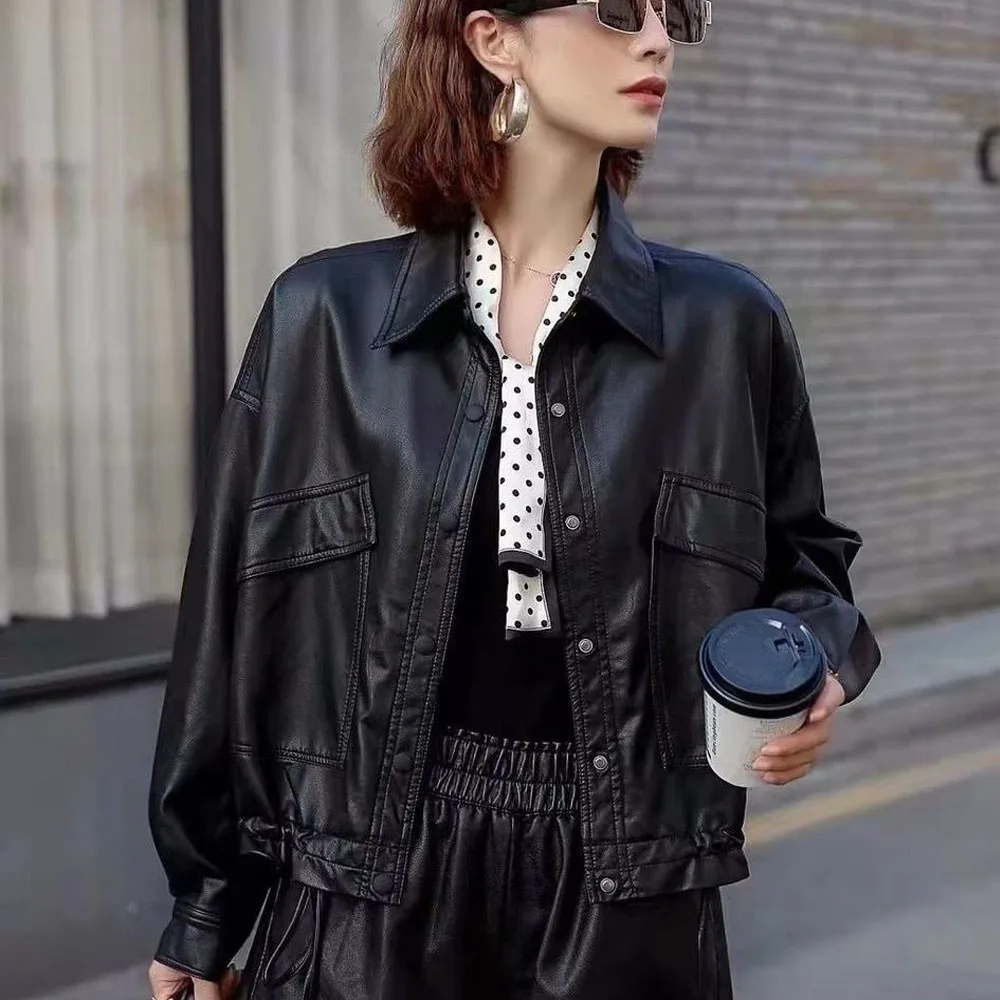 1pcs Women's PU Leather Jackets Coat 2022 Autumn Fashion Faux Fur Buttons Splicing Bandage Ladies Skinny Locomotive Small Coats