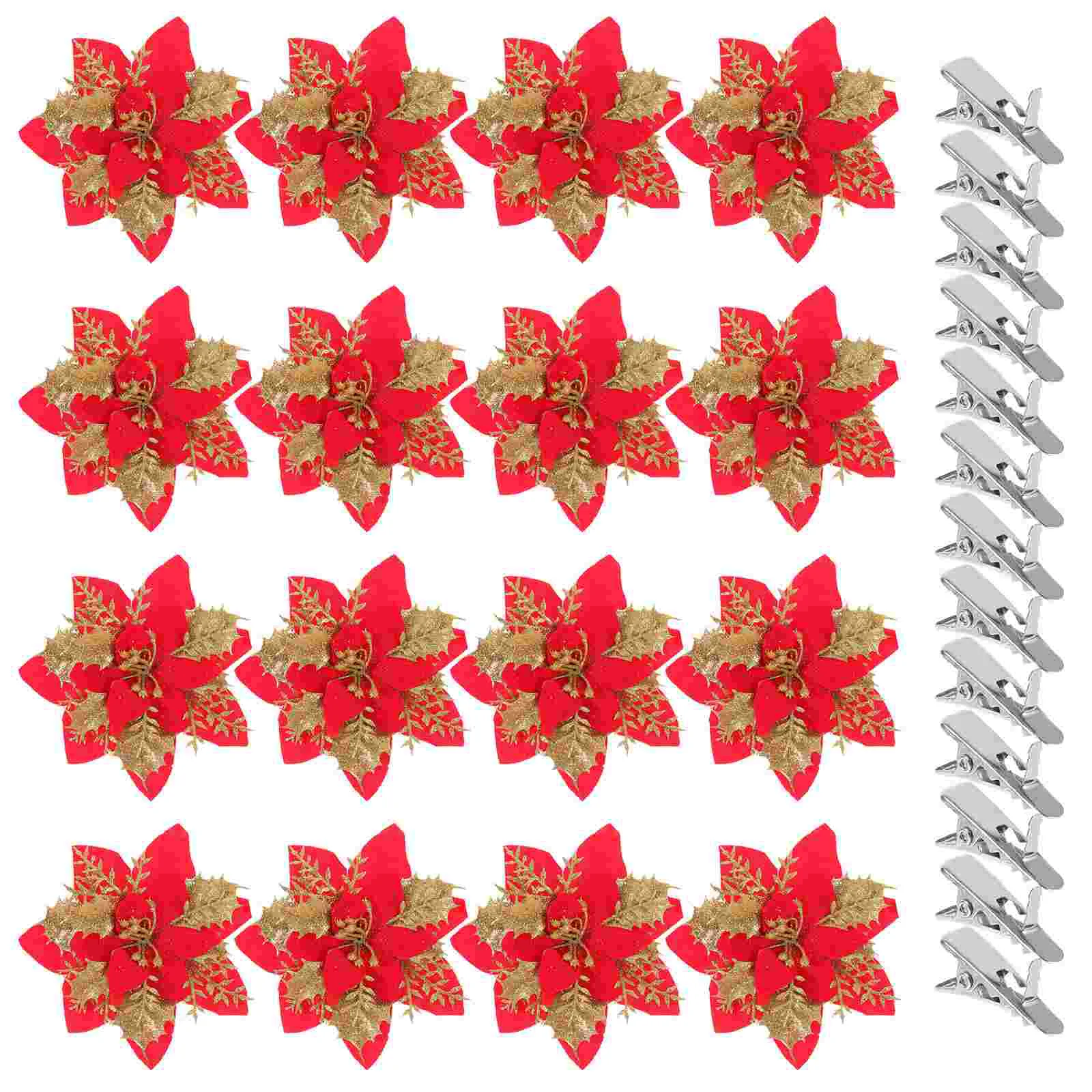 

16 Pcs Artificial Flowers Christmas Poinsettia Tree Flash Faux DIY Cloth Decorative Glitter Wreath
