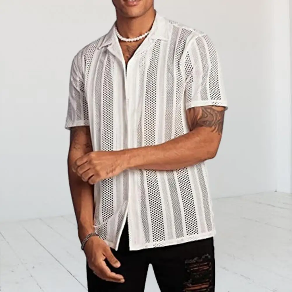 

Men Summer Shirt Hollow Out Short Sleeves Lapel See-through Thin Single-breasted Cardigan Solid Color Male Sport Club Top
