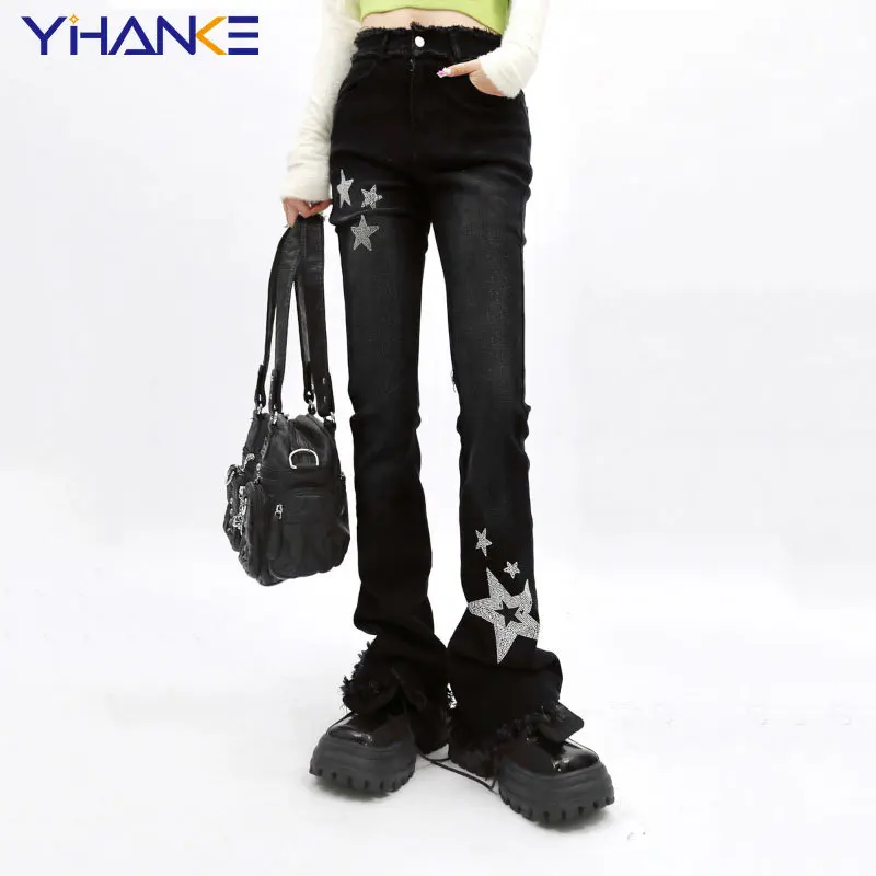 

Женские Длинные мешковатые джинсы в стиле панк, черные небольшие расклешенные джинсы со звездами и бриллиантами, облегающие брюки из денима, уличная одежда Y2k на весну