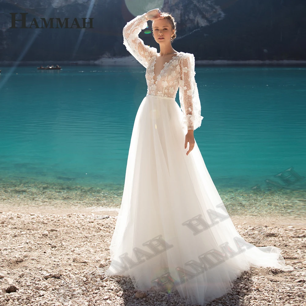 

HAMMAH Wedding Dresses For Mariages Long Sleeve Appliques Lace Vestidos De Novia A Line V Neck Backless Court Train Custom Made
