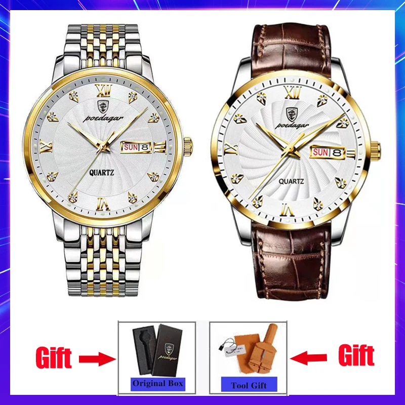 

Top Quailty Luxury Watch for Men Fashion Ultra-Thin Stainless Steel Quartz Wristwatch Luminous Week Date Leather Reloj Hombre