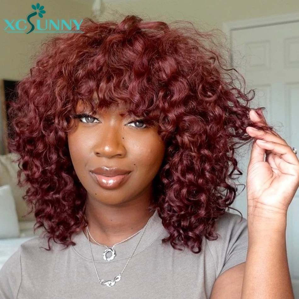 Curly Wig With Bangs 99J Dark Red Wig Human Hair O Scalp Top Machine Made Bang Wig Brazilian Loose Deep Wave Wig For Black Women
