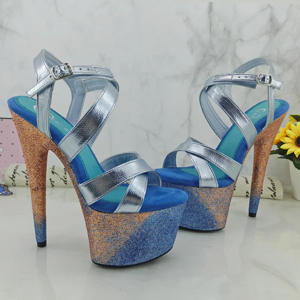 Leecabe Colorful glitter 17CM/7Inch Women's Platform Sandals  party High Heels Shoes Pole Dance Shoes