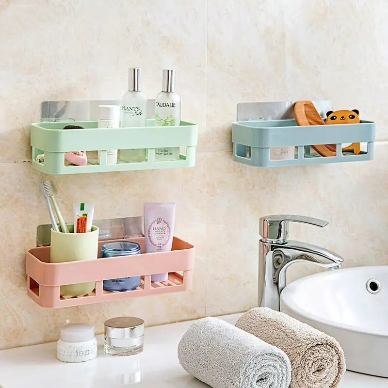 

Nail-Free Seamless Pasting Bathroom Shelf Organizer Adhesive Shampoo Gel Storage Basket Decoration Bathroom Shower Shelf Rack
