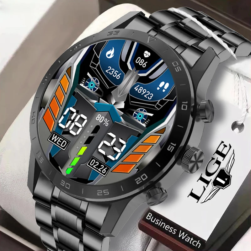 

Смарт-часы LIGE AMOLED мужские с HD-экраном, спортивные водонепроницаемые умные часы для фитнеса, со стальным браслетом, с функцией воспроизведения музыки