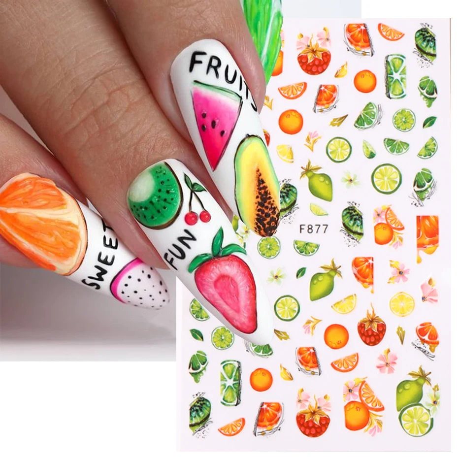3D Nail Stickers Water Decals Summer Fruit Cheery Orange Watermelon Flowers Abstract Nail Art Sticker Sliders Tattoo Decoration