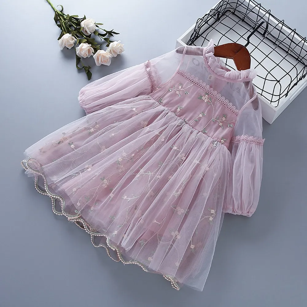 

Lace Mesh Embroidery Dresses Kids Children Baby Long Sleeve Dress Outfits Vestidos 3-7Y Spring Girls Princess Dress