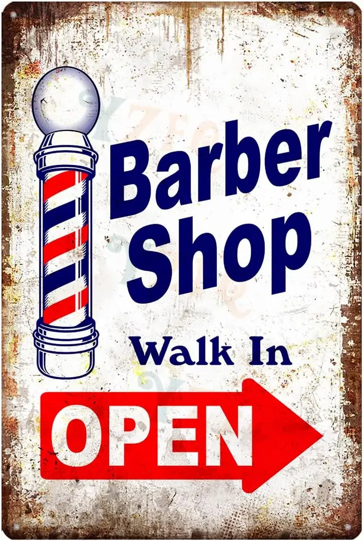 Brber Shop Wlk n Open Tn Sgn Vntge Decor Hrcut Shve Metl 12X8 nch (YQ-170)