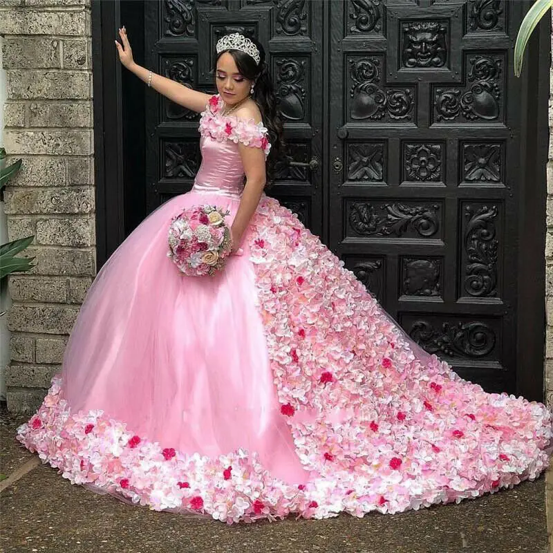 

Pink Quinceanera Dresses Ball Gown Off Shoulder 3D Rose Flowers Puffy Sweet
