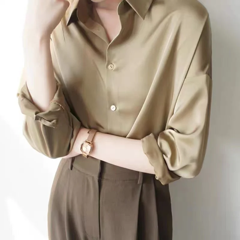 

Elegant Fashion Office Satin Shirt Women Casual Loose Chic Silk Blouse and Shirt Fashion Long Sleeve Tops Clothes Blusas 24296