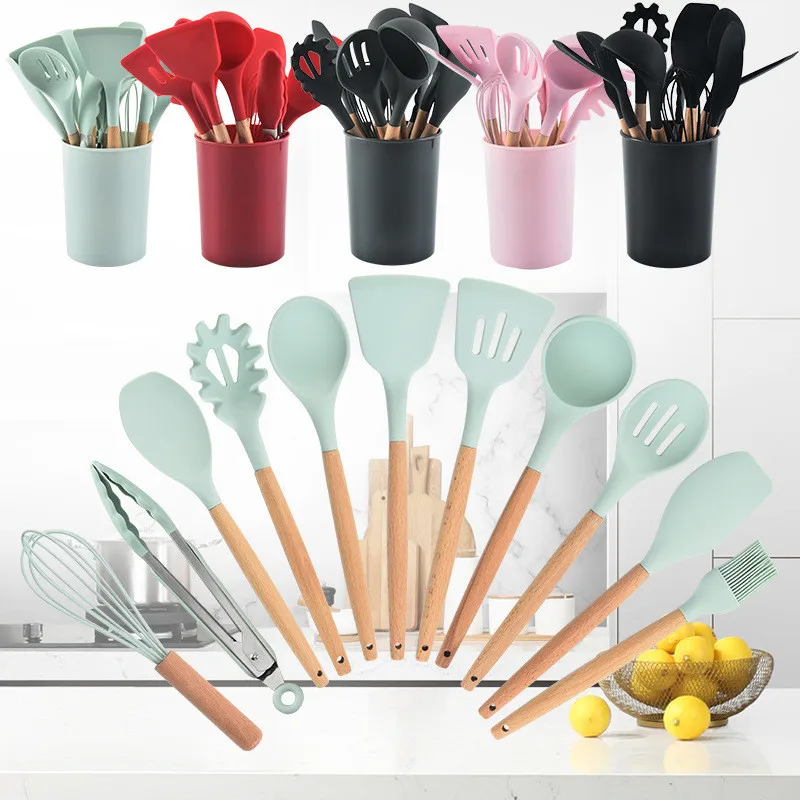 

12Pcs Silicone Kitchenware Cooking Utensils Set Non-stick Cookware Spatula Shovel Egg Beaters Wooden Handle Kitchen Cooking Tool