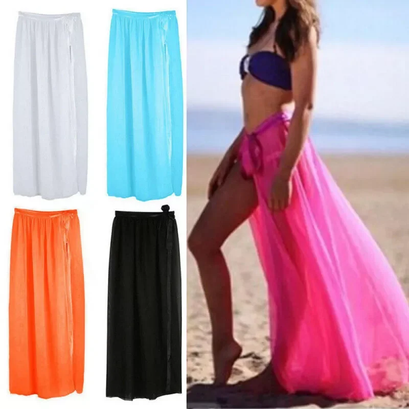 New in SwimWear Cover Up Sheer Beach Mini Wrap Skirt Sarong Pareo Long Maxi Skirt Side Split Skirt Solid Transparent Chiffon jac