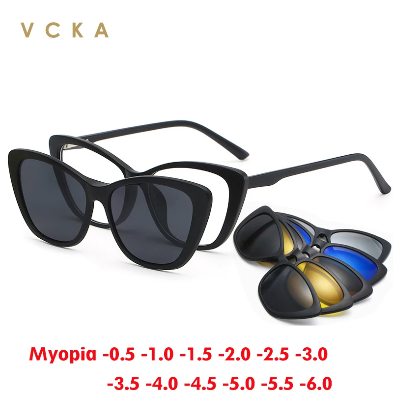 

VCKA 6 In 1 Polarized Myopia Sunglasses Magnetic Clip Prescription Glasses Frames Men Women Fashion Cat Eye Optical -0.5 TO 10