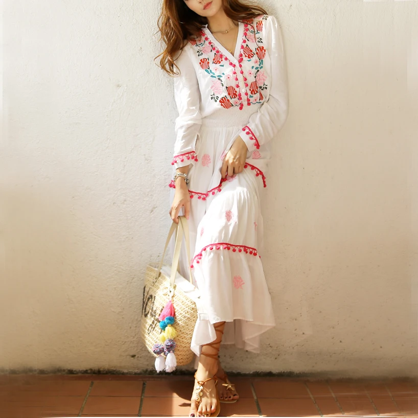 

Khale Yose White Floral Embroidery Maxi Dress V-neck Boho Casual Dresses for Women Long Sleeve Female Ladies Holiday Dress
