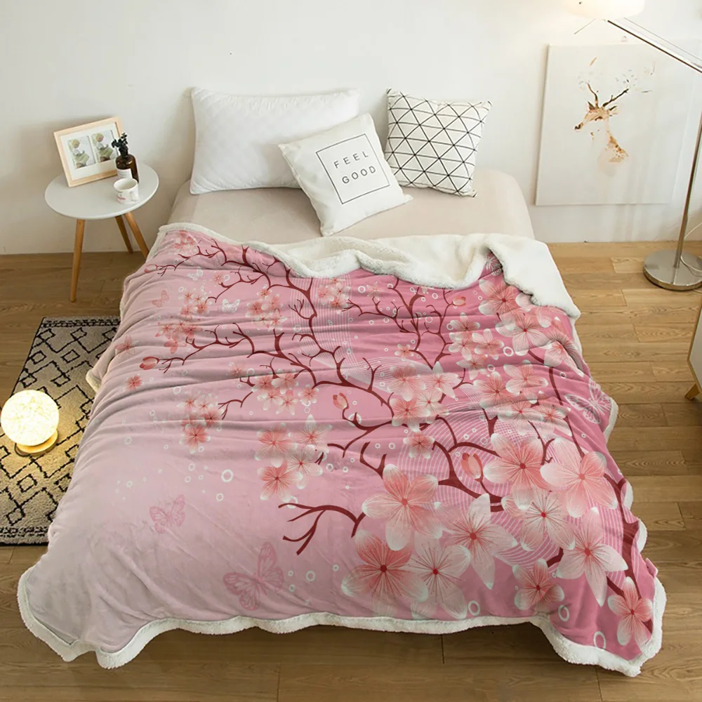 

Pink Cherry Blossom Flowers Butterfly Lamb Cashmere Fleece Blanket Home Bed Sofa Winter Sherpa Bedding Kids Thick Bedspread