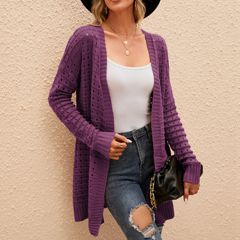 

YEMOGGY Fashion Hollow Out Long Knitted Sweater Cardigans for Women's 2022 New V-Neck Solid Color Full Sleeve Cardigan Sweaters