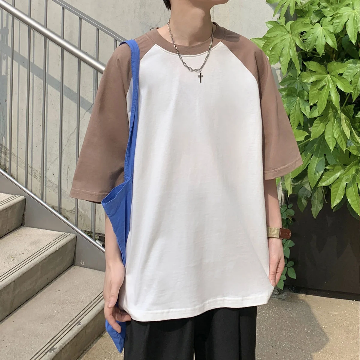 

Patchwork Oversized Men's Short Sleeve Round Neck Casual T-shirt Summer New Male Tees Korean Clothing Unisex Tops