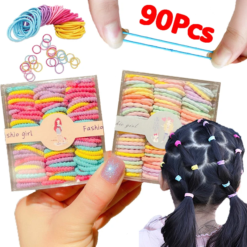 Banda de goma elástica para el pelo para niñas, bandanas coloridas de tamaño pequeño, anillos para el pelo, diadema, accesorios para el cabello para niños, 90 unids/caja