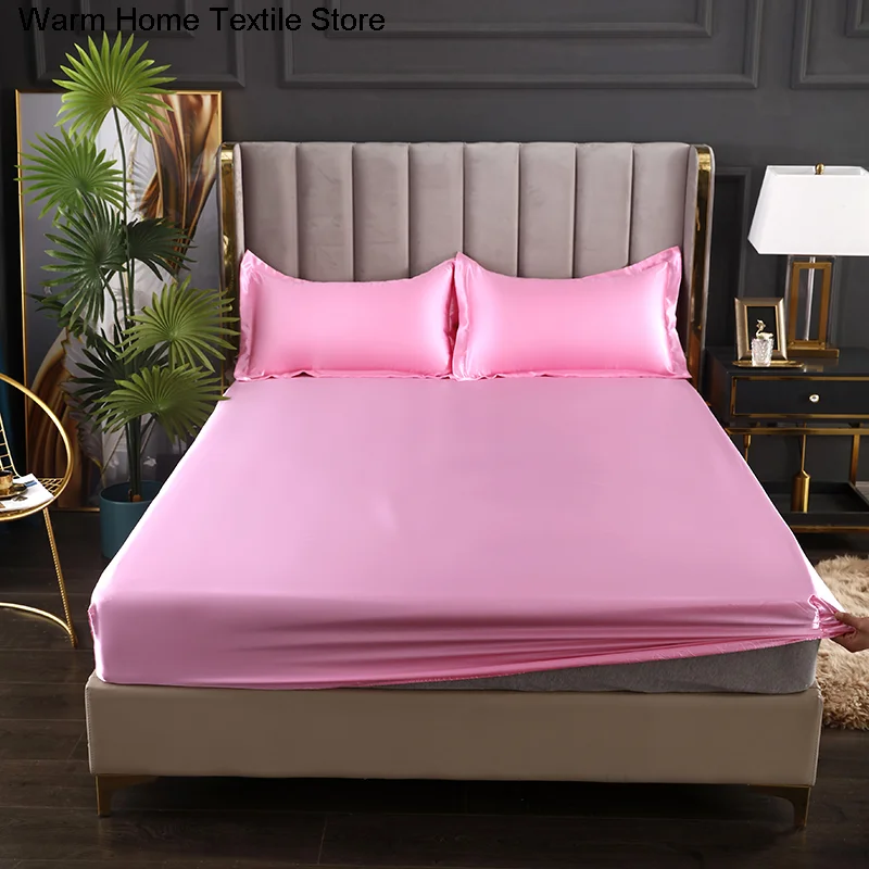 

Satin Sheets Fitted Sheet Solid Color Rayon Mattress Cover Elastic Band Bed Sheet King 200x200 200x220 No Pillowcase Beddings