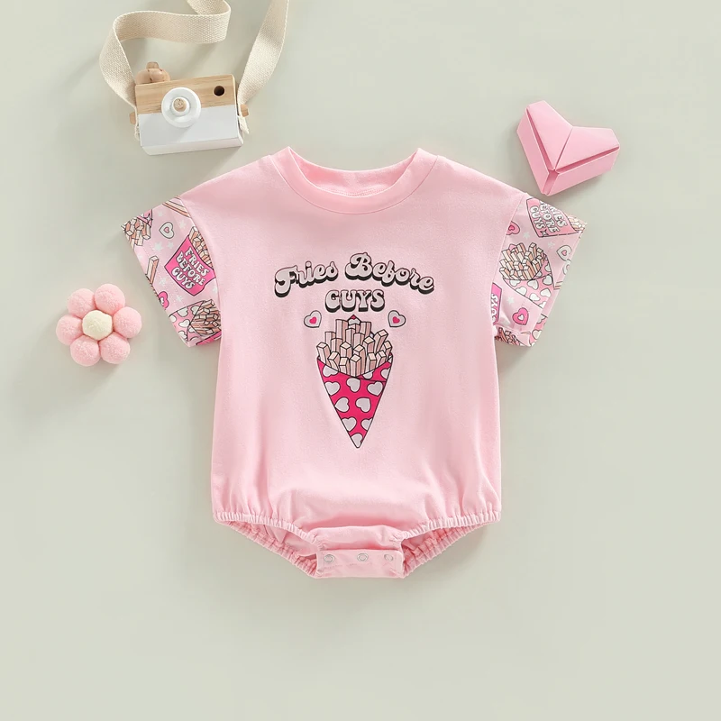 

Baby Girls Summer Casual Romper Pink Short Sleeve O Neck Letter Fried Chips Print Romper Sweety Baby Clothes